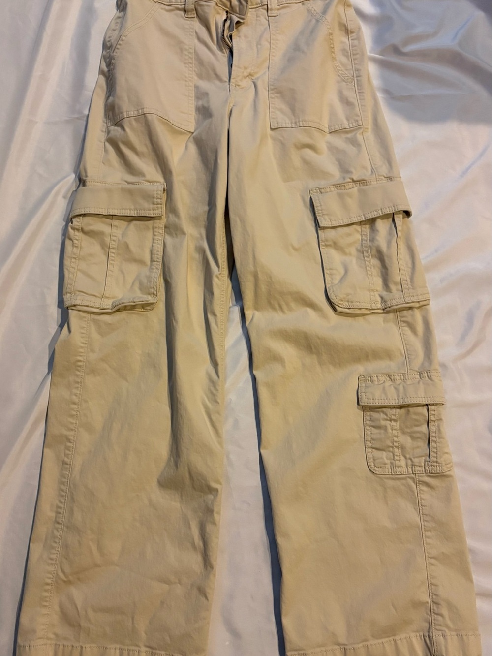 Hollister Womens High-Rise Relaxed Wide-Leg Cargo Pants Pockets Beige